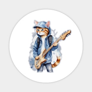 Cute streat cat wearing a hoodie with cap playing guitar watercolor splash Magnet